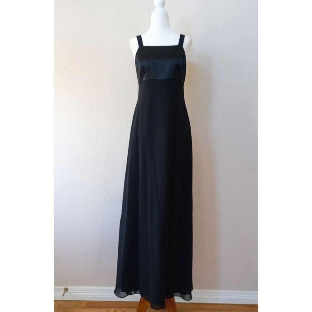 Adrianna Papell vintage black satin and chiffon formal maxi dress